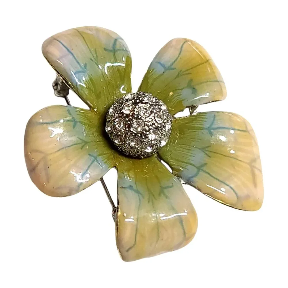 Vintage Metal Enamel Rhinestones Flower Brooch Pin Spring
